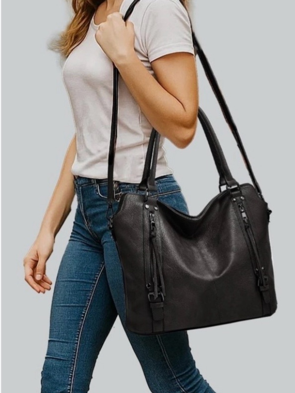 Everyday Black Leather Shoulder Bag for Women